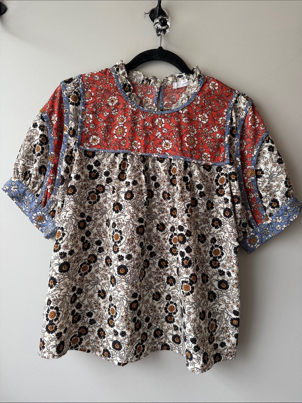 THML Boho Patchwork Floral Blouse in Red, Blue & Cream Fall medium